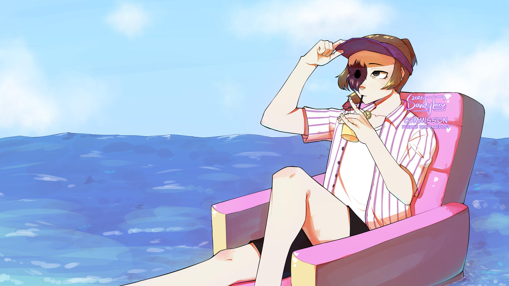 $60 commission because half body is $50 plus $10 for background and Floaty Chair.